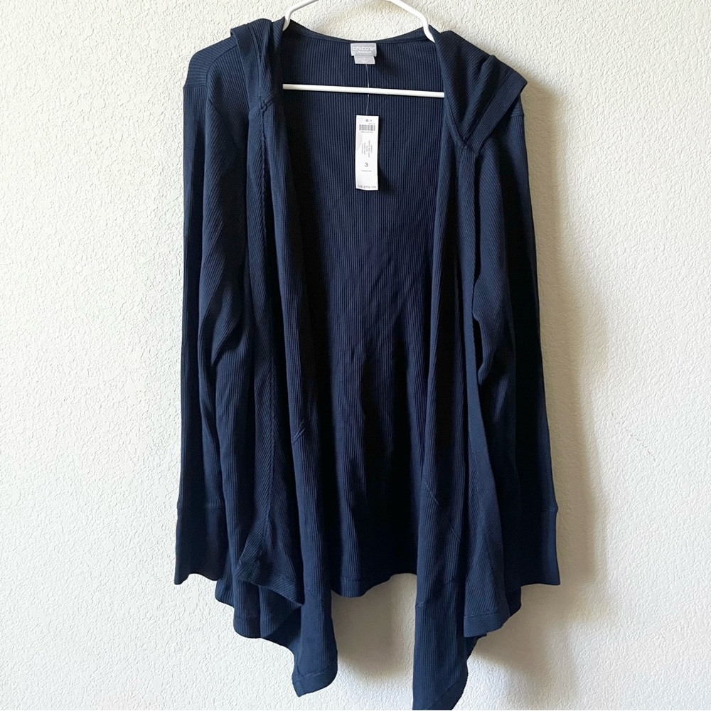 NWT Chico’s Zenergy Waffle Knit Minimalist Hooded Cardi Jacket Classic Navy XL